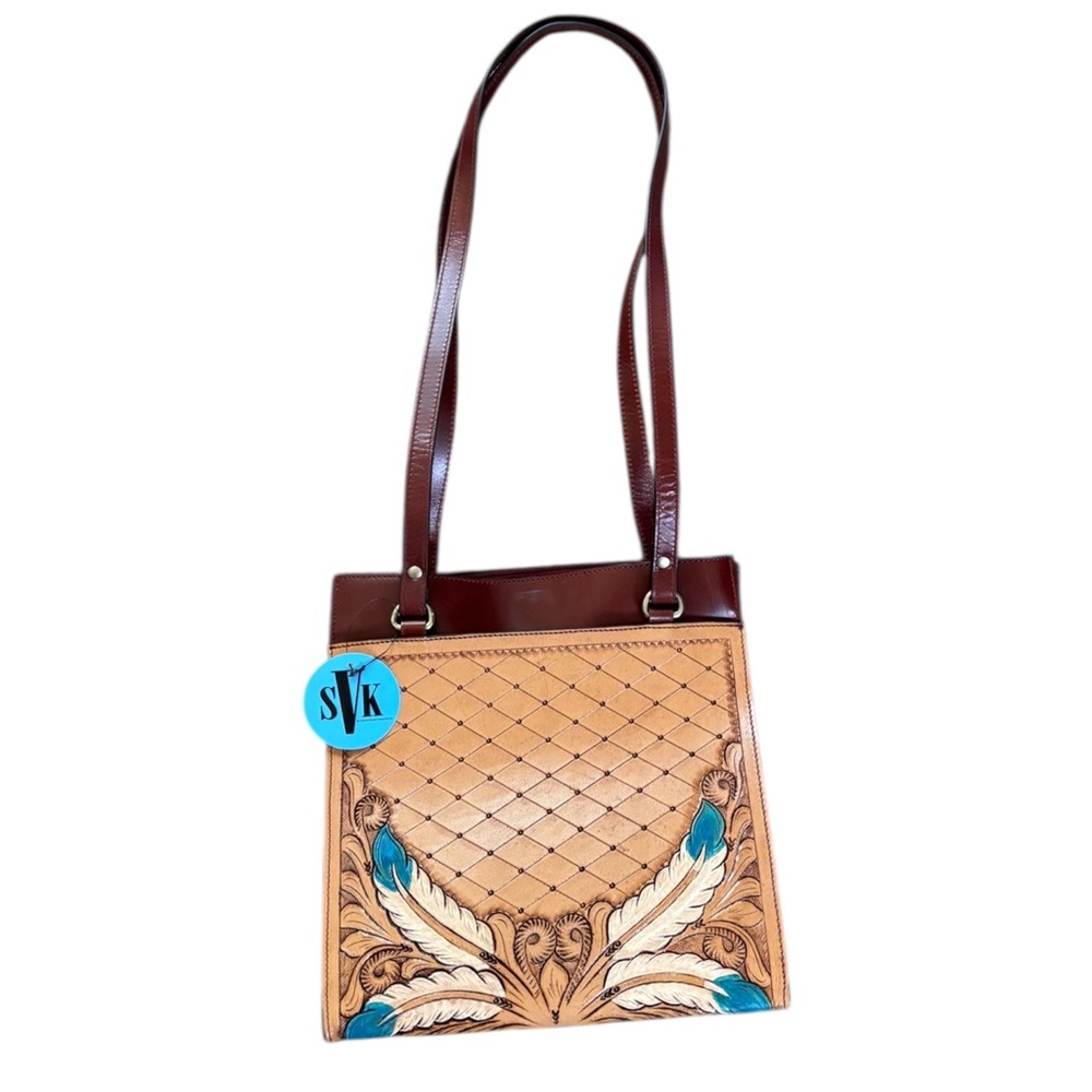 Hand-Tooled Leather Shoulder Bag with Feather Motif - Brown/Tan